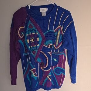Petite Sophisticate Blue and Purple Crew Neck Sweater with Geometric Design